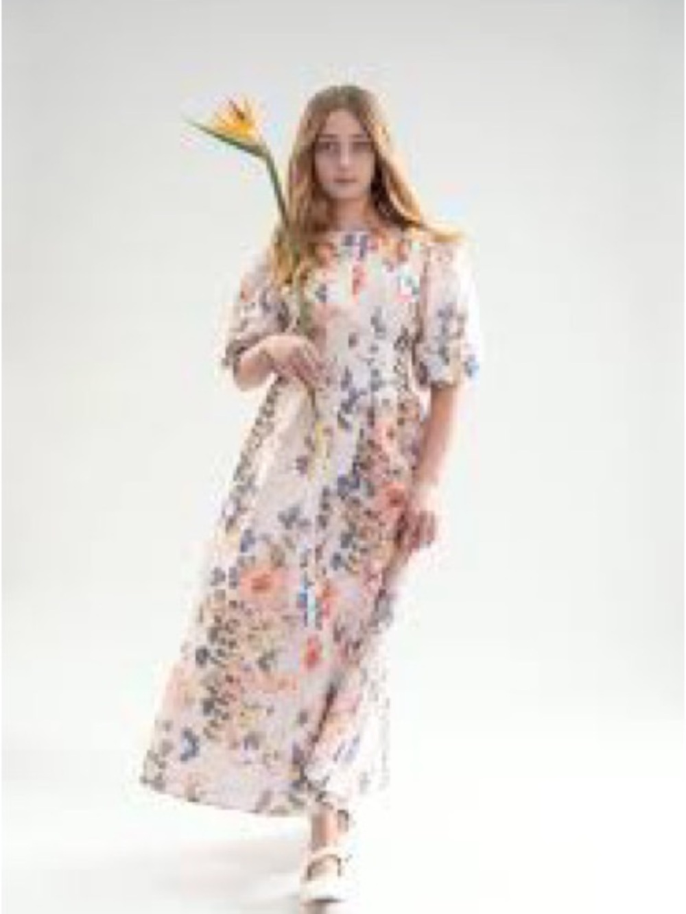 Women's Pink Floral Maxi Dress with Puff Sleeves - Picture 2 of 4